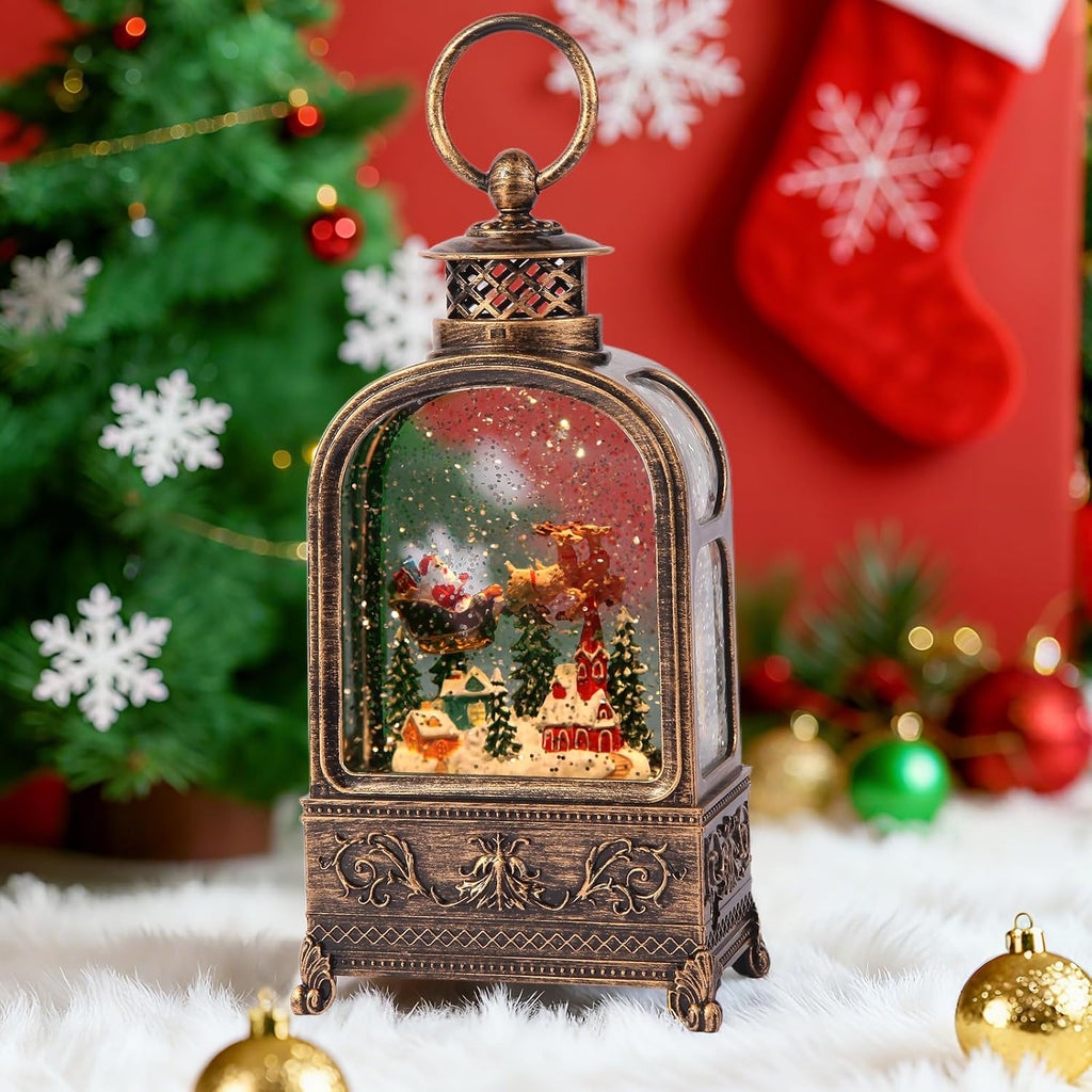 Village Snow Globe Christmas, 10.2 Musical Snow Globe Lantern Lights with 6H Timer Battery & USB Powered, Retro Style Holiday Glitter Snow Globes for Xmas Home Decoration Indoor Party Gifts