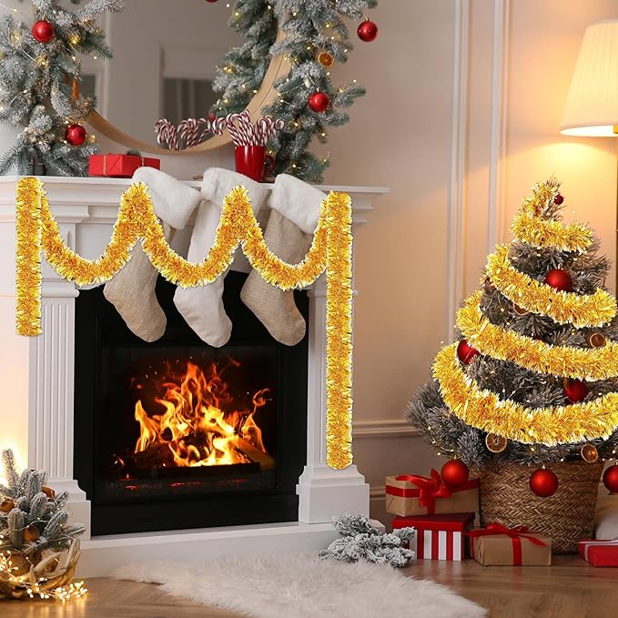 72 Feet Christmas Tinsel Garland Shiny Metallic Tinsel Twist Garland Streamers Ornaments Long Glitter Christmas Tree Hanging Decorations for Party Holiday Wedding Birthday Tree Wall Rail (Gold)