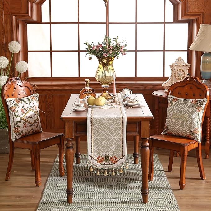 patdrea Designer French Floral Extra Long Velvet Table Runner 118 Inch Long,Green Orange Blossoms Pattern Table Mat, Decor for Kitchen Dining Coffee Table Cabinet Banquet Thanksgiving,16"*118"