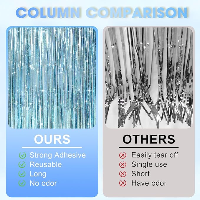 3 Pack 3.3 x 8.2 ft Laser Blue Foil Fringe Backdrop Curtains, Tinsel Streamers Party Decorations, Fringe Backdrop