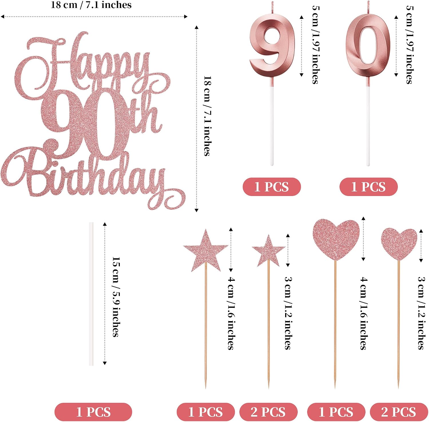 90th Birthday Cake Toppers, 90th Birthday Candles Numeral Candles and Glitter Cake Decorations Toppers Set for Party Supplies (Rose Gold)