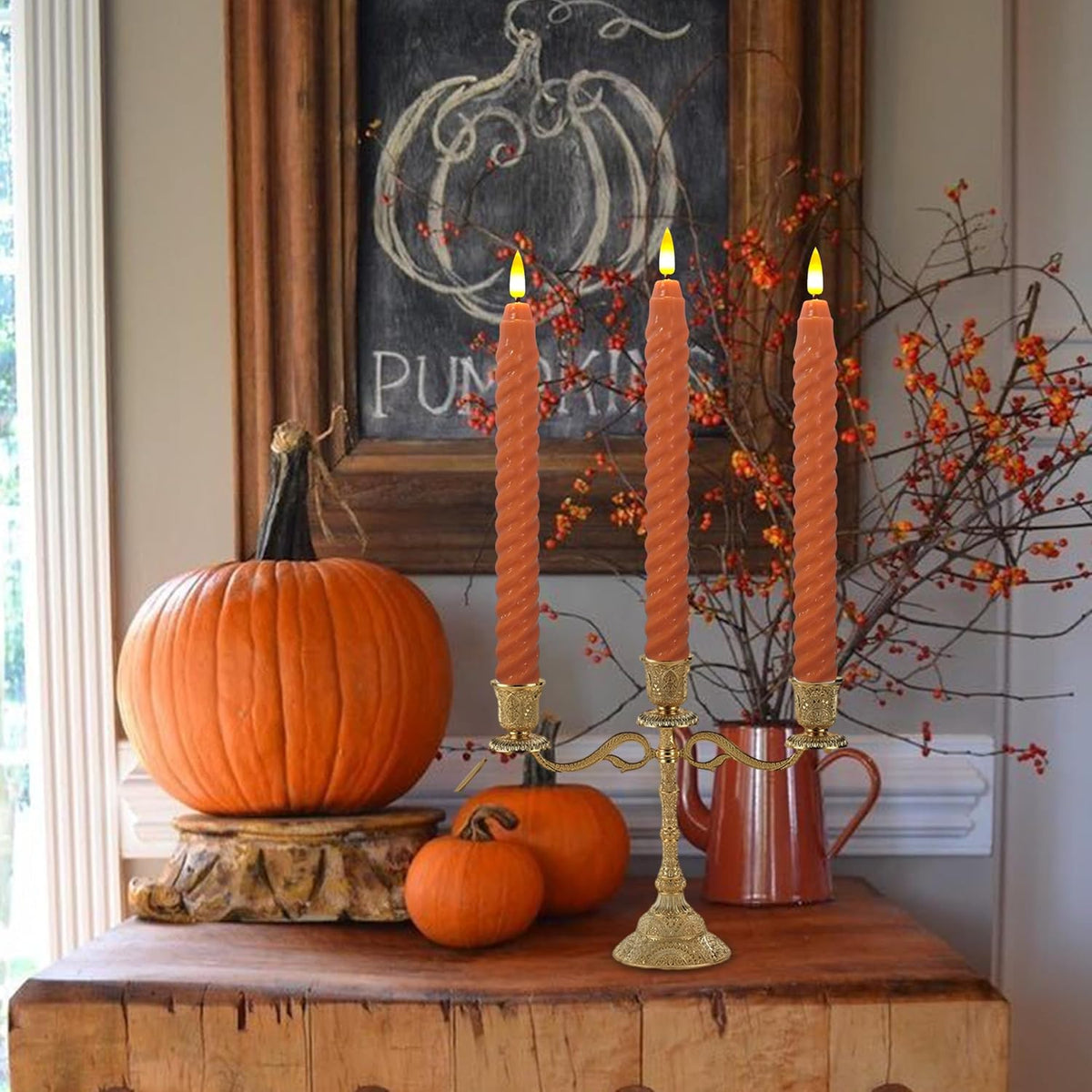 Pumpkin LED Flameless Spiral Taper Candles, 9.8", Real Wax, Fall Decor