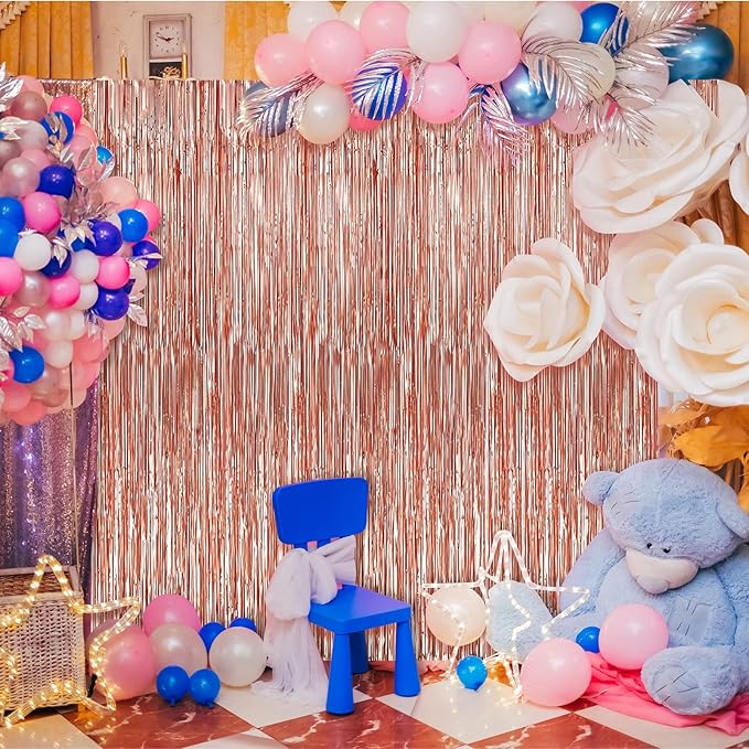 Crosize 4 Pack 3.3 x 9.9 ft Rose Gold Foil Fringe Backdrop Curtain, Streamer Backdrop Curtains, Streamers Birthday Party Decorations, Tinsel Curtain for Parties, Photo Booth Backdrops, Party Décor