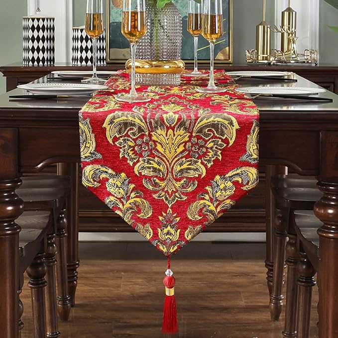 Burgundy Chenille Table Runner Embellished Jacquard with Gold Flower 13"x98" Christmas Deluxe Decor