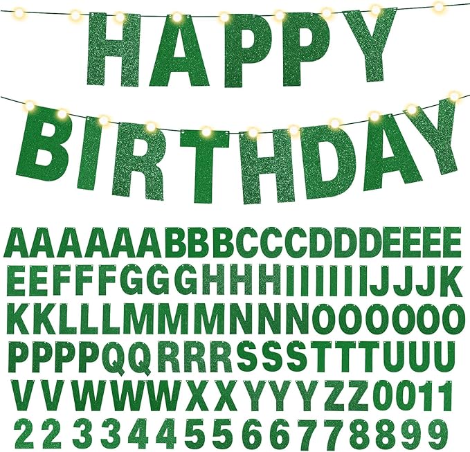 TaoBary 112 Pcs DIY Letter Kit Glitter Customizable Banner Letters Include 107 Letters and Numbers 3 Rope and 2 Needles for Birthday Halloween Christmas Wedding Valentine Party Decor(Green)