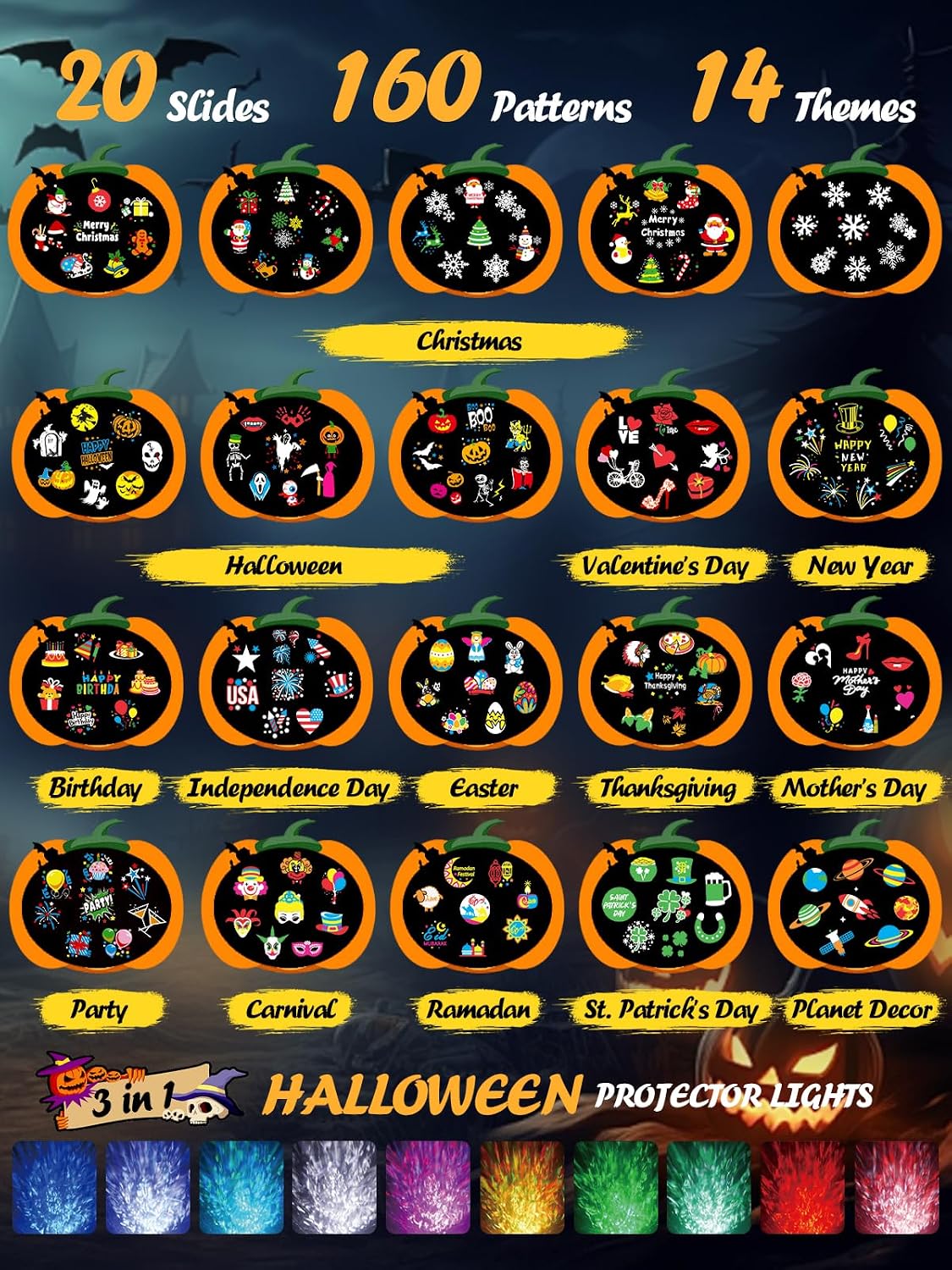 Halloween Projector Outdoor w/ 160 Patterns,10 Ocean Wave Lights,Green Dots