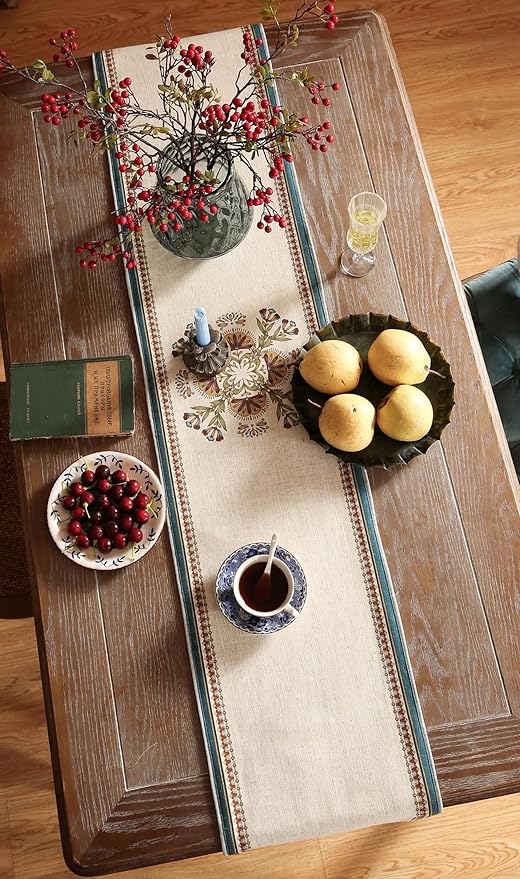 patdrea Designer Beige Farmhouse Geometric Patterned Linen Table Runner 71 Inch Long,Wrinkle Resistant Table Mat,Decoration for Kitchen Dining and Coffee Tables Banquet Christmas , 12"x71"