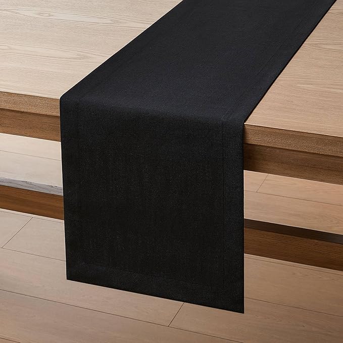ZeeMart Linen Textured Border Table Runner, 14 x 60 Inch Black, Farmhouse Style Black Table Runners 60 Inches Long, Easy Care Everyday Polyester Table Runner