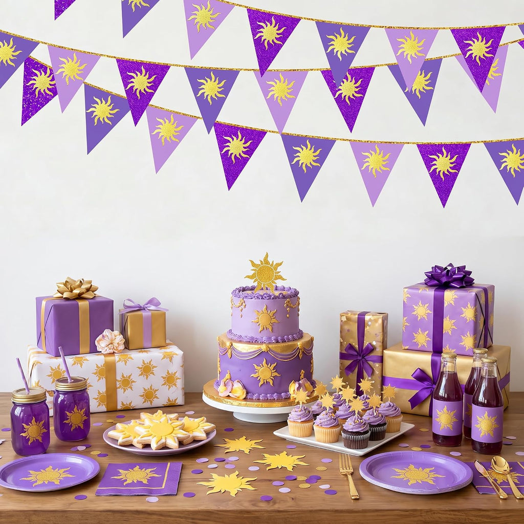 30Ft Purple Sun Party Decorations Purple Pennant Banner Flag Hanging Paper Triangle Bunting with Gold Sun for Birthday Bridal Shower Wedding Bachelorette Engagement Lavender Party Supplies