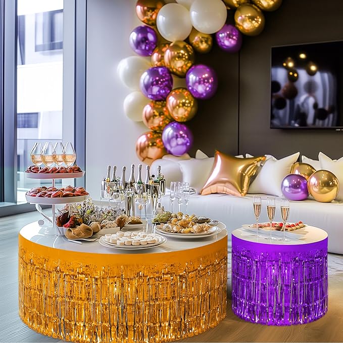 2 Pack Dark Purple Orange Table Skirts, 29x108" Metallic Foil Tinsel Fringe Table Skirt for Rectangle Tables Streamer Curtains Backdrop, Party Decorations for Birthdays, Weddings, Holidays
