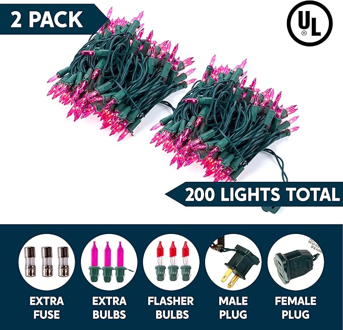 Joiedomi Pink Christmas String Lights,200(2x100) 42.8FT Valentines Day Fairy Tree Lights Plug in for Indoor Outdoor Xmas Valentines Decor Patio Holiday Theme Party Yard House,Green Wire