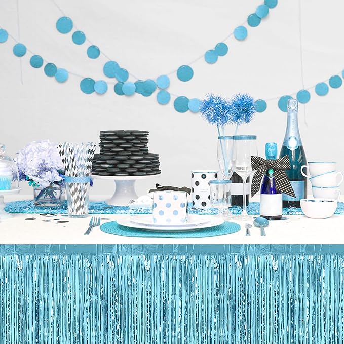 3 Pack 29x108 Inch Light Blue Foil Fringe Table Skirts Metallic Banner for Tinsel Streamer Garland Backdrop for Parade Floats Wedding Thanksgiving Birthday Christmas Halloween Party Decoration
