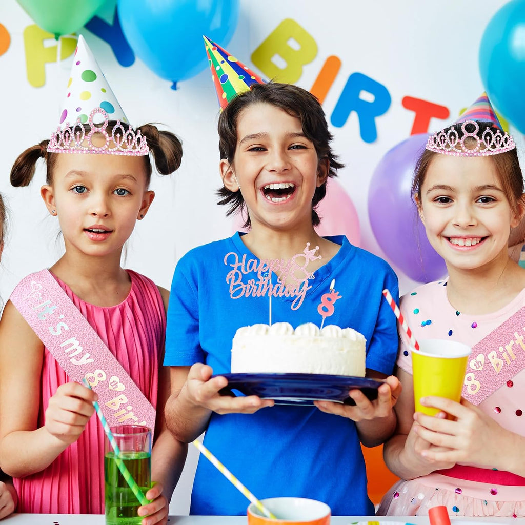 3rd Birthday Decorations for Girl, Including Crown/Tiara, Sash, Cake Toppers and Number 3 Candles, Pink Party Supplies for 3 Year Old Girl's Birthday