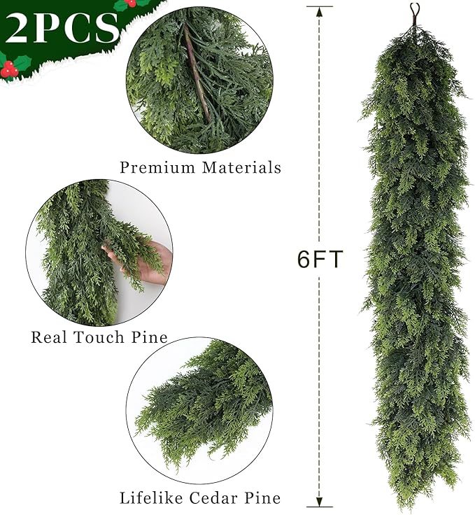 Real Touch Cedar Garland - Artificial Christmas Garlands Faux Green Cedar Fake Pine Needles Garland for Fireplace,Table, Stairs, Mantle, Window,Indoor Outdoor,Home,Holiday Decor(2 PCS,6 FT)