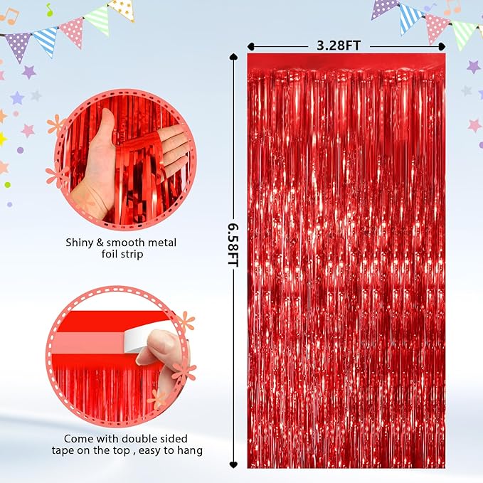 2Pack Red Foil Fringe Curtain, Glitter Red Metallic Tinsel Foil Fringe Curtains Photo Booth Backdrop for Birthday Party, Door Streamers for Wedding Bridal Shower Bachelorette Xmas Party Decorations