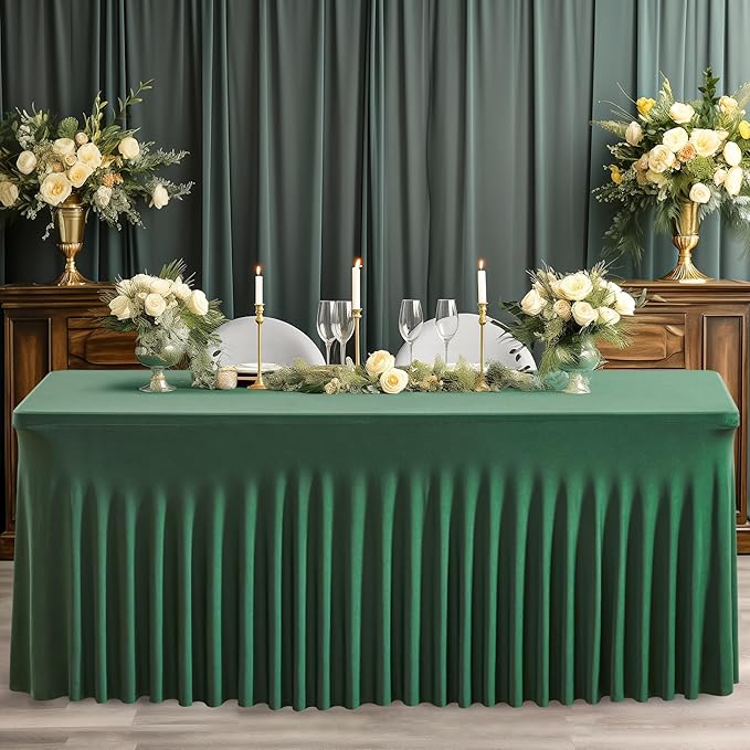 Wish Care 6 Pack Hunter Green Stretch Spandex Table Clothes for 8 Foot Rectangle Tables, 8FT Wrinkle Free Fitted Tablecloths Ruffles Design Table Cover for Party, Banquet, Wedding and Events