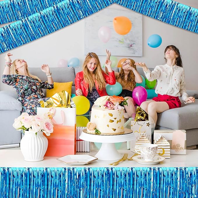 6 Pack 10 Ft Lake Blue Foil Fringe Garland Metallic Streamers Tinsel Banner Wall Hanging Garland Backdrop for Parade Floats, Halloween, Christmas, Thanksgiving, New Year Party Decorations