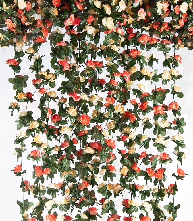 6 Pcs x 8.2 ft Flower Garland Artificial Rose Vine Flowers with Green Leaves Hanging Fake Roses Vine for Room Party Home Wedding Birthday Christmas Wall Arch Decor, Champagne Flower
