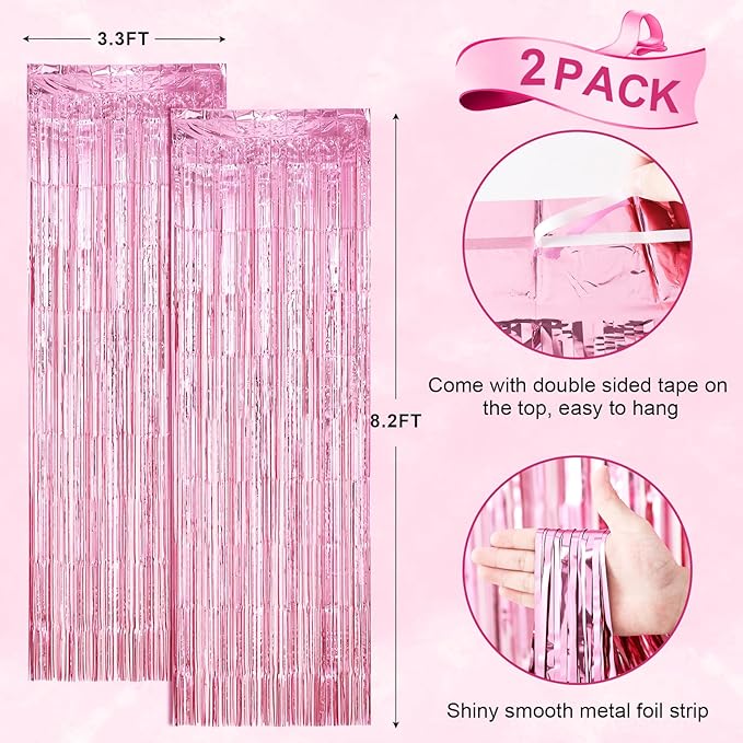 2 Pack Light Pink Foil Fringe Backdrop Curtains, Tinsel Streamers Birthday Party Decorations, Fringe Backdrop for Graduation, Baby Shower, Gender Reveal, Disco Party