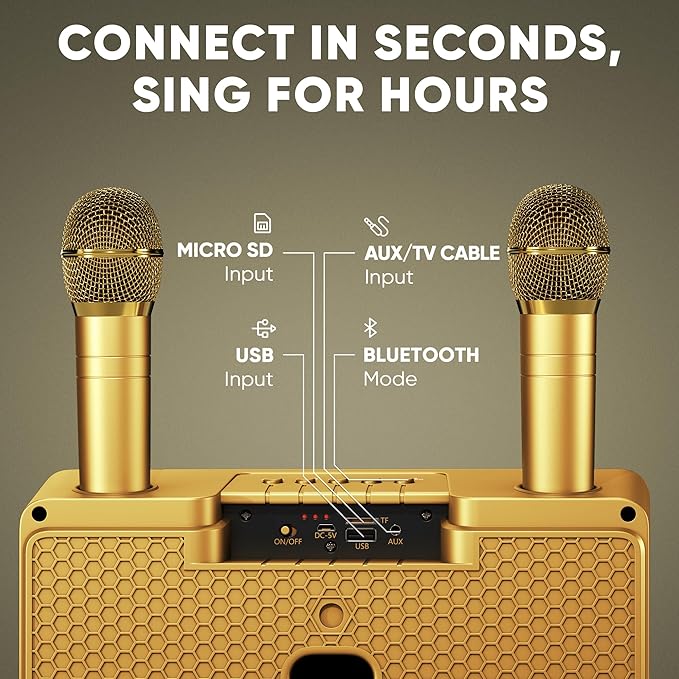 MASINGO Karaoke Machine for Adults and Kids with 2 Wireless Microphones, Portable Bluetooth Singing Speaker, Colorful LED Lights, PA System, Lyrics Display Phone Holder, and TV Cable. Presto G2 Gold