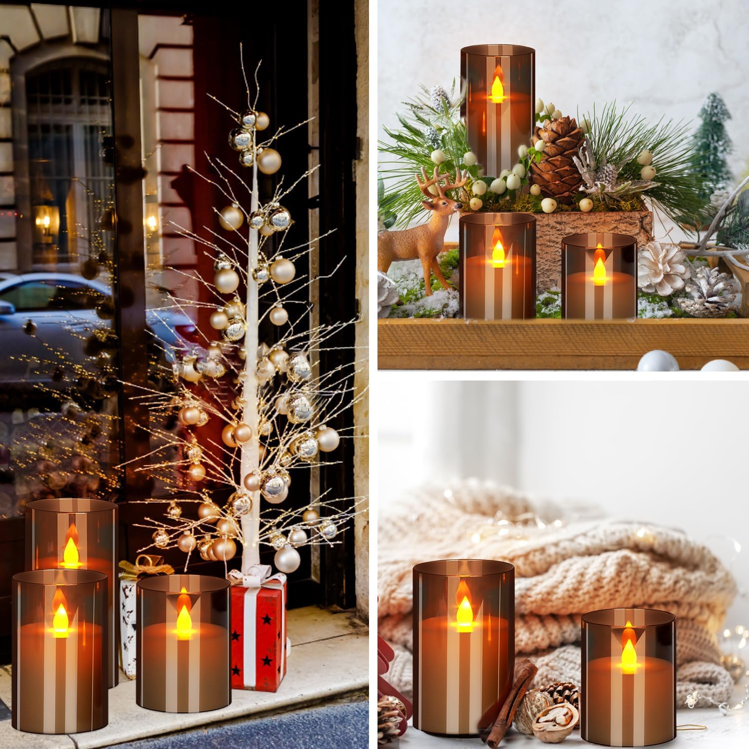 wemarry Flameless Candles 4" 5" 6" Acrylic Glass Pillars 3" Diameter Battery Operated Flickering Candles Include 8-Key Remote with Timer Function 400+ Hours (Gray, Warm Light 3 Pack)