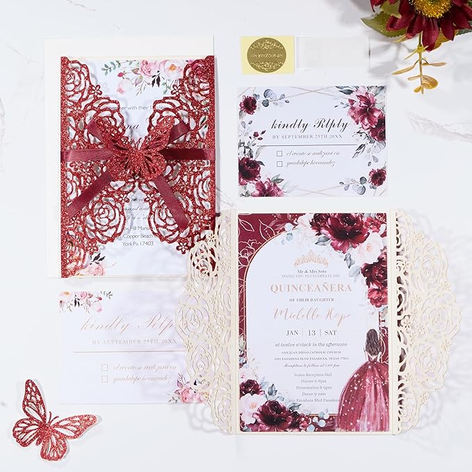 50pcs Burgundy Glitter Wedding Invitation Butterfly Rose Laser Cut Invitation Sleeve with Personalized Invitations Card, White Envelopes, for Wedding Bridal Shower Engagement (Default Blank Card)