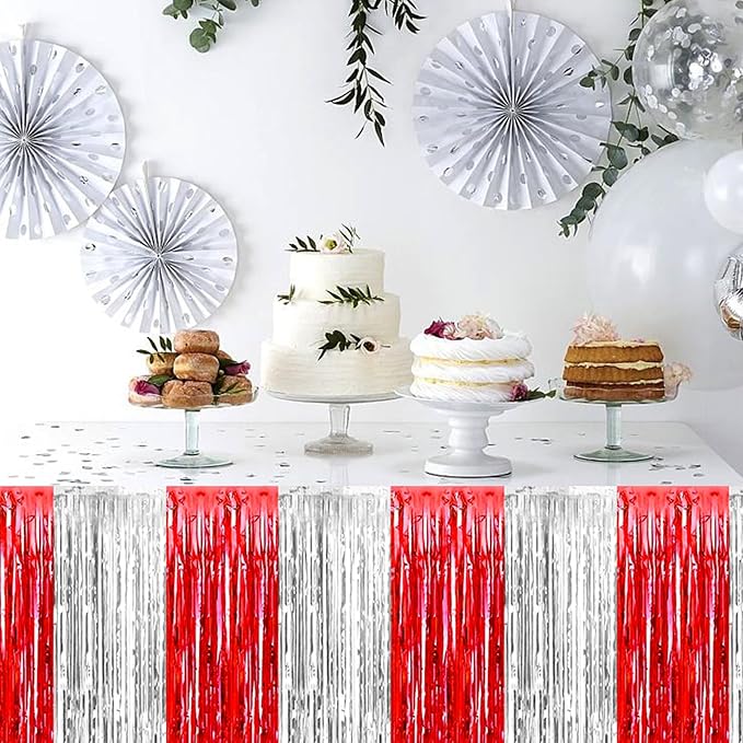 3 Pack 29 x108 Inch Red Silver Foil Fringe Table Skirts Metallic Banner for Tinsel Streamer Garland Backdrop for Parade Floats Wedding Thanksgiving Birthday Christmas New Year Party Decoration