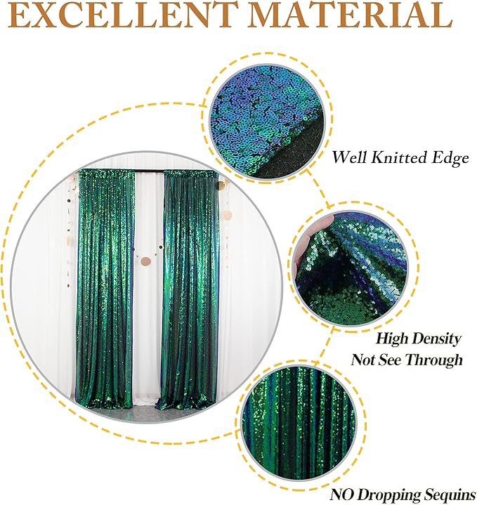 ShinyBeauty Sequin Backdrop 4 Pieces Iridescent Green Sequin Curtains Panels Photograph Backdrops Shimmer Background Christmas Birthday Party Decor Glitter Curtain (2Ftx8Ft)
