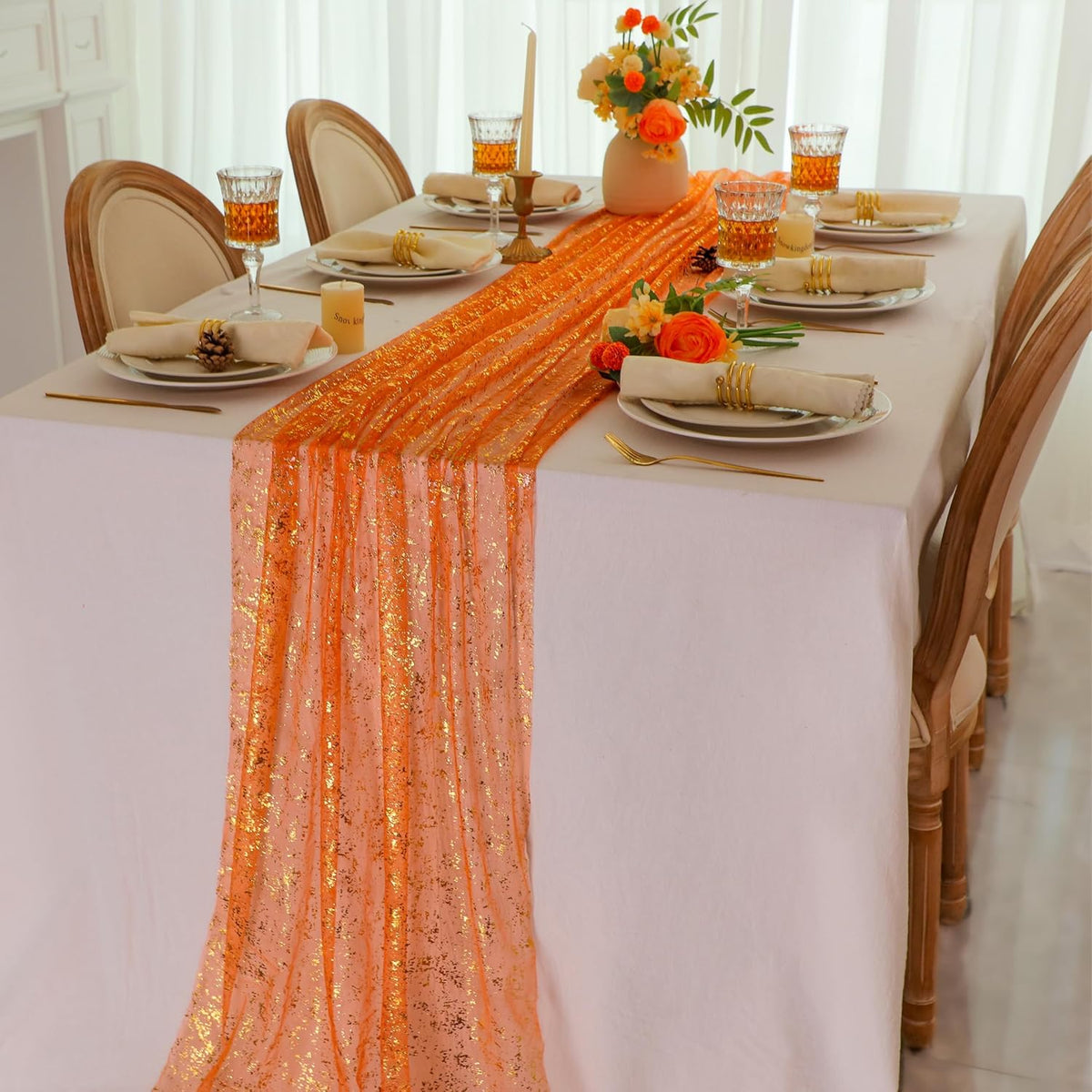 10Pcs Orange Gold Table Runner Metallic Foil Shimmer Sheer Gauze Decor 10ft