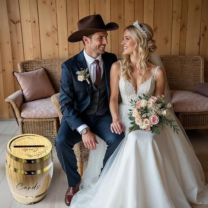 OurWarm Wooden Wedding Card Box for Party with Base, Whiskey Barrel Card Box for Wedding, Rustic Envelopes Gift Money Box Holder for Reception Graduation Baby Shower Birthday Party Decorations