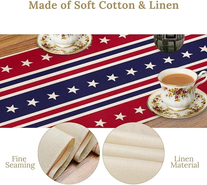 4th of July Table Runner, USA Flag Stars Stripes American Independence Day Red Blue White Stars Lines Print Table Cover for Farmhouse Kitchen Indoor Outdoor Home Party, 13x60inch