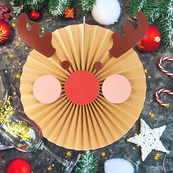 Christmas Hanging Paper Fans Decoration Red White Xmas Snowman Party Ceiling Hangings Deco Elk Tissue Paper Fans Decoration Set for Backdrops Wall Winter Party Supplies - 10pcs