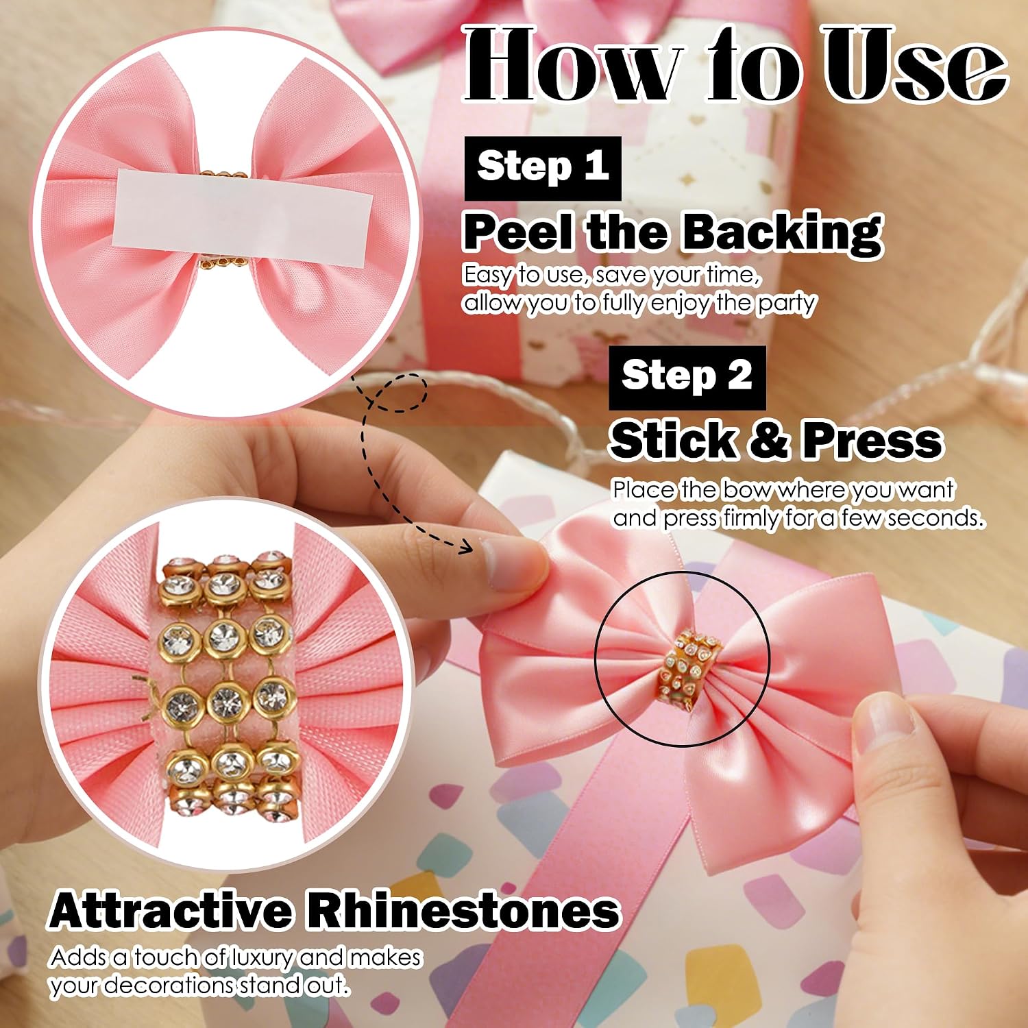 Pink Satin Bows 12 PCS Premade Self Adhesive 3.5" Gift Bows with Rhinestone for Wedding Party Event Decor Gift Wrapping Craft Baby Shower Wedding Treat Bags Presents Making Greeting