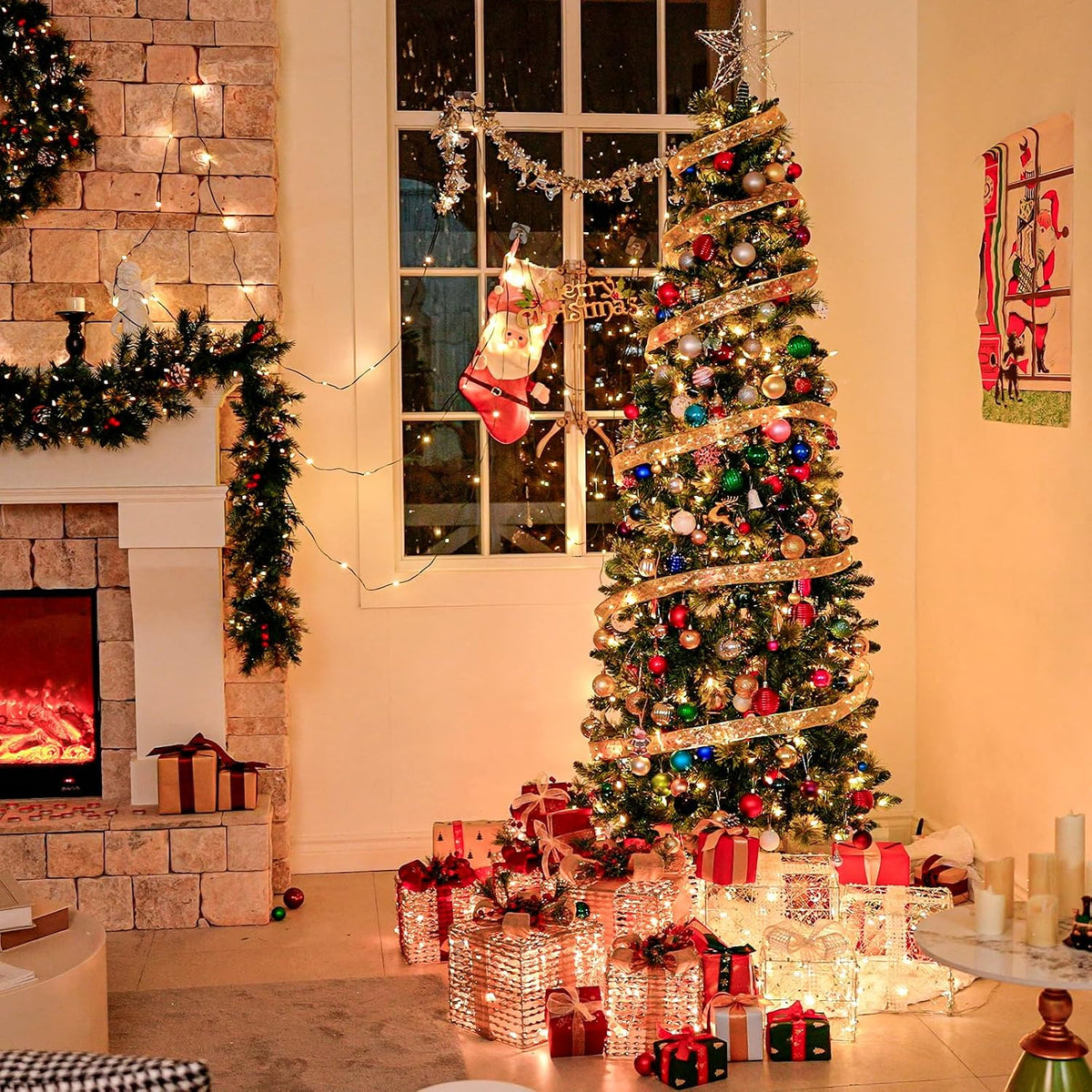 hykolity 7.5 ft slim prelit christmas tree with on a desk or shelf