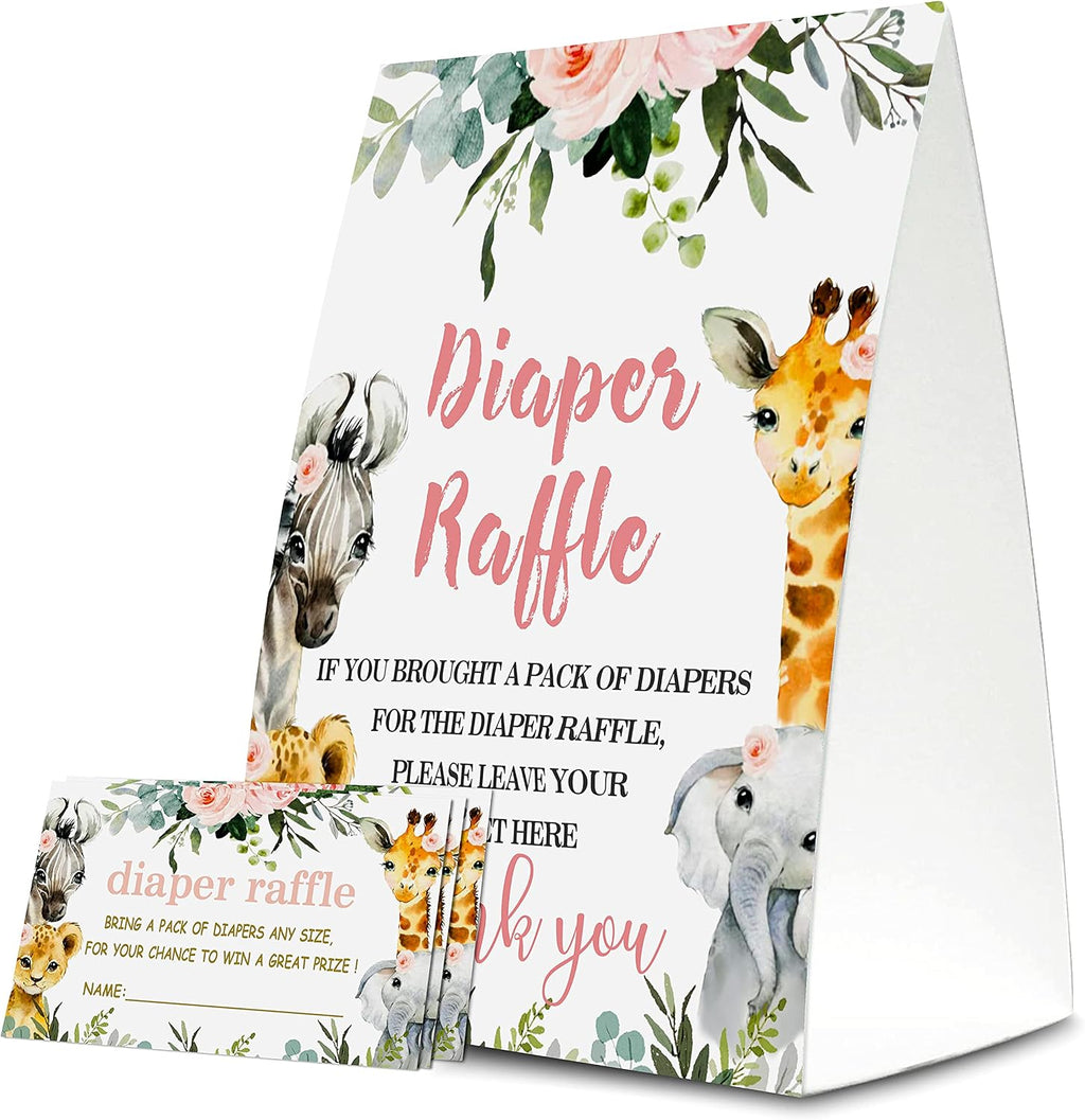 Yuansail Diaper Raffle Tickets For Baby Shower, Jungle Animal Themed Cards, Party Favors For Baby Showers Game Cards, 1 Sign & 50 Cards Per Pack – (bb002-niaobu)