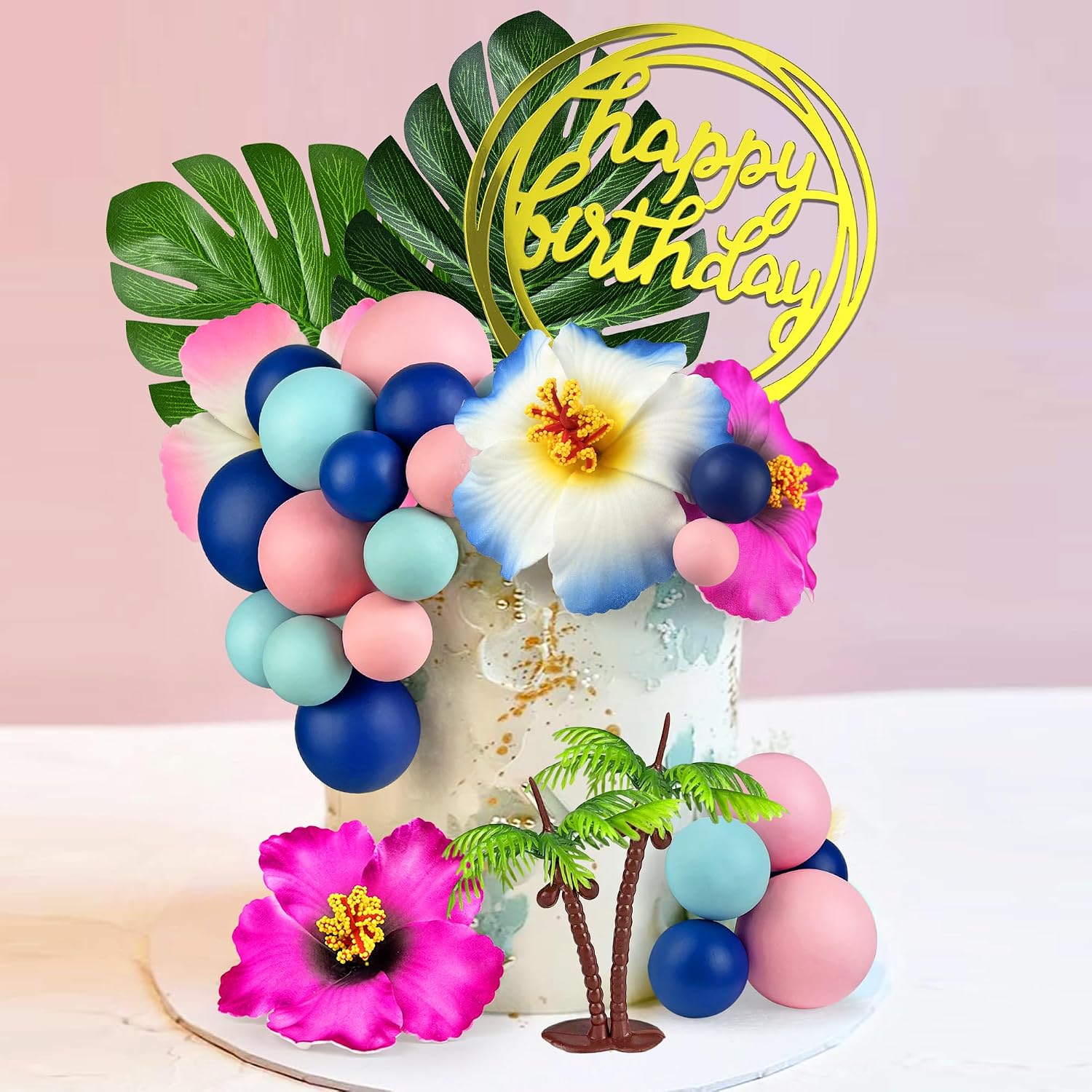 36pcs Hawaiian Flower Cake Decoration Tropical Cake Toppers with Palm Leaves and Summer Flowers Suitable for Summer Themed Birthday Themed Party Supplies (Blue Pink)