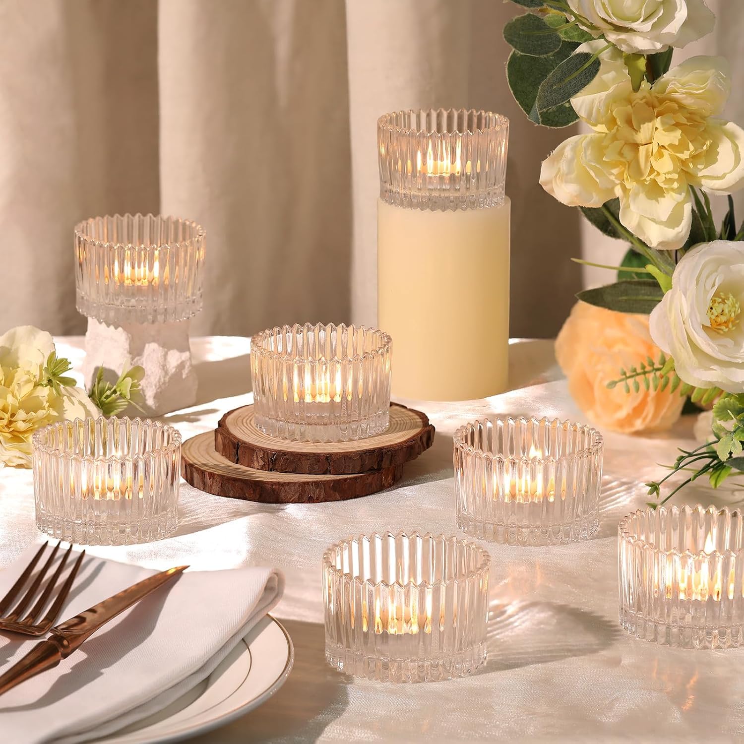 HAVITI 24 Pcs Large Tea Light Holders, Clear Glass Candle Holders, Votive Candle Holders for Table Centerpiece Wedding Table Decor(1.57" H 2.64" D)