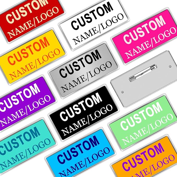 Custom Name Tags ID Badges with Logo Name Personalized Name Badges Custom Name Tag ID Badges with Pin Backing Customizable Name Badges for Business Offices Stores Restaurant, 1.5x2.8 in, 2PCS