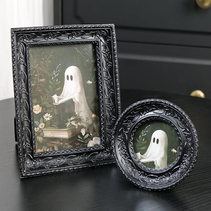 Cuspin Black Picture Frame Set of 2 Vintage Baroque Frames, Ornate Resin Photo Frame with 4x6 Picture Frame and 3x3 Round Frame, Antique Decorative Design for Tabletop Display or Wall Hanging