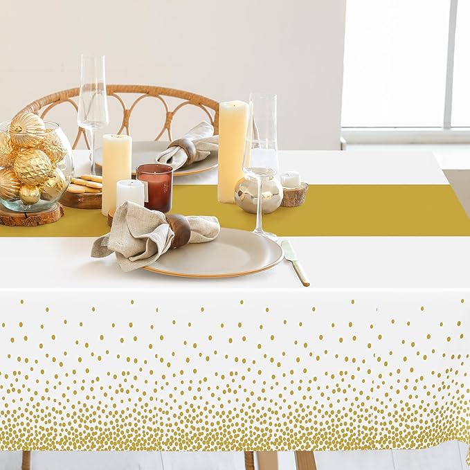 4Pack Disposable Plastic Table Cloths for Parties, 54" x 108" White and Gold Rectangle Table Covers, Waterproof Tablecloth for Rectangle Tables Suitable for New Years Eve Thanksgiving Wedding Supplies