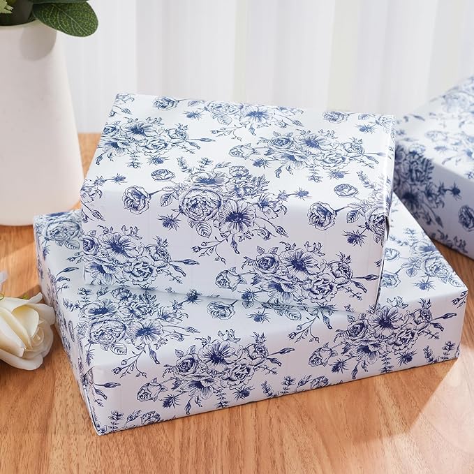 Ulmasinn Blue Floral Wrapping Paper Roll - 17 Inches x 33 Feet - Vintage Toile Blue Floral Design with Cut Lines for Upscale Gifts, Birthday, Bridal Shower, Wedding, Mother’s Day