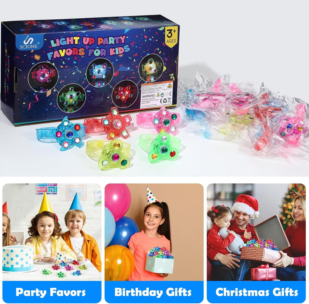 SCIONE 24 Pack LED Light Up Fidget Spinner Bracelets, Glow in The Dark Party Favors for Kids 4-8 8-12, Treasure Box Toys, Birthday Gifts, Carnival Prizes, Goodie Bags Stuffers
