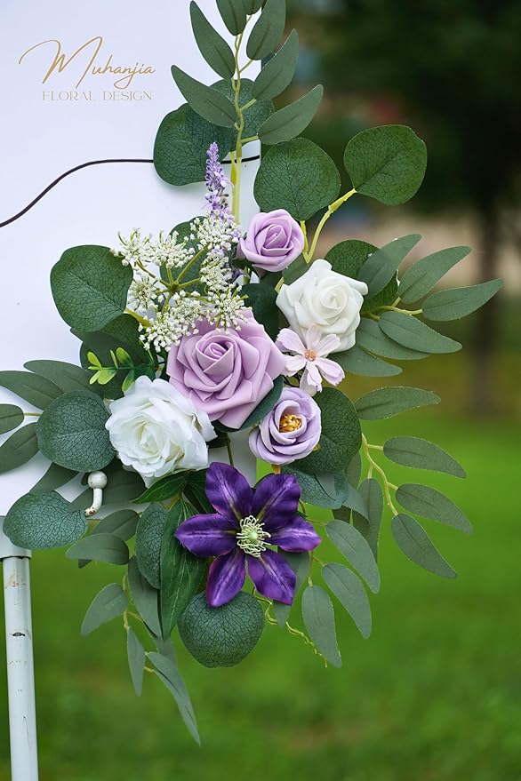 Muhanjia Wedding Sign Faux Flower Swag (Pack of 2) for Ceremony Party Reception Entrance Floral Decor Wall Easel Stand for Wedding Poster Welcome Sign (Purple)