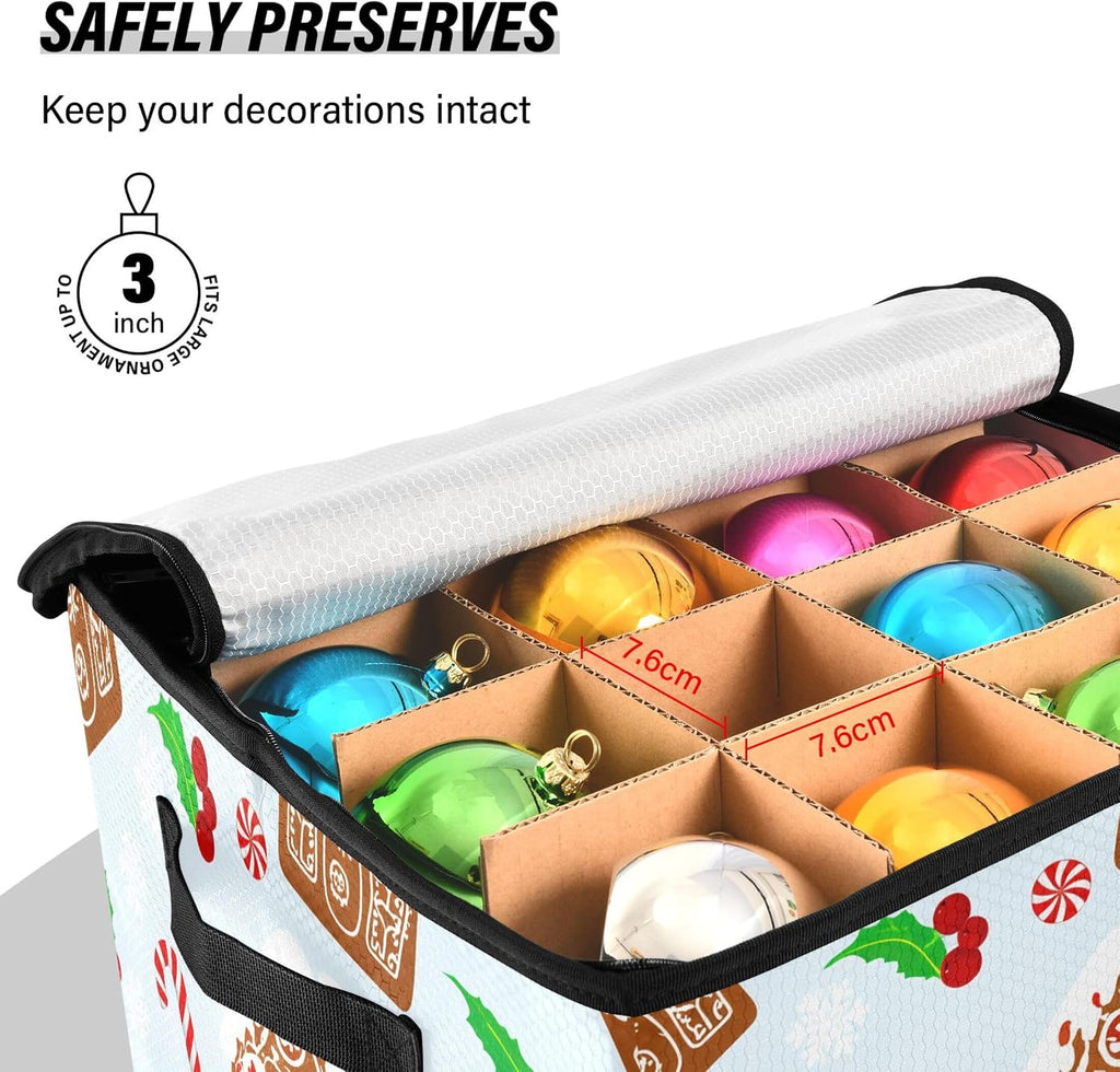 Christmas Gingerbread House Christmas Ornament Storage Box, Hold 64 Holiday Ornament 3”, Adjustable Dividers Handle Zipper Storage Container, Xmas Decoration Accessories