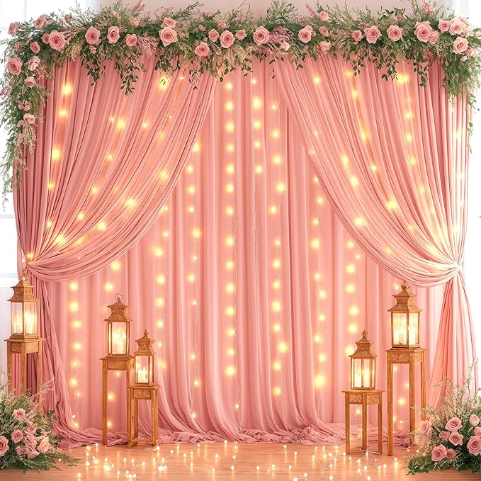 10ft x 7ft Dusty Rose Chiffon Backdrop Curtain with Lights String for Parites Wedding Wrinkle Free Curtain Photo Backdrops Drapes for Baby Shower Birthday Party Home Decorations