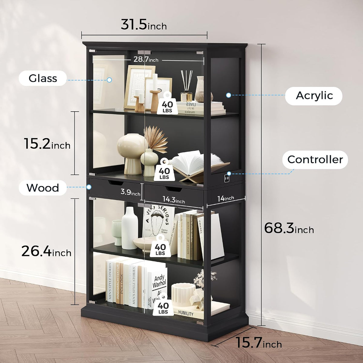 jocoevol display cabinet with glass doors, 68'' tall shown in use