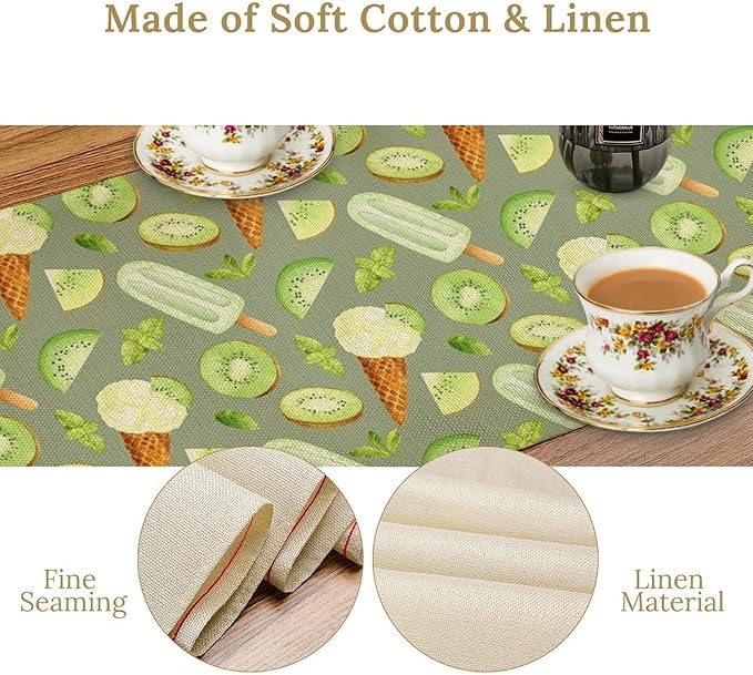 Summer Ice Cream Popsicles Table Runner, Watercolor Green Kiwi Seasonal Fruit Sweet Dessert Dinner Runner for Party Holiday Home Kitchen Dining Table Decor 13"x60"