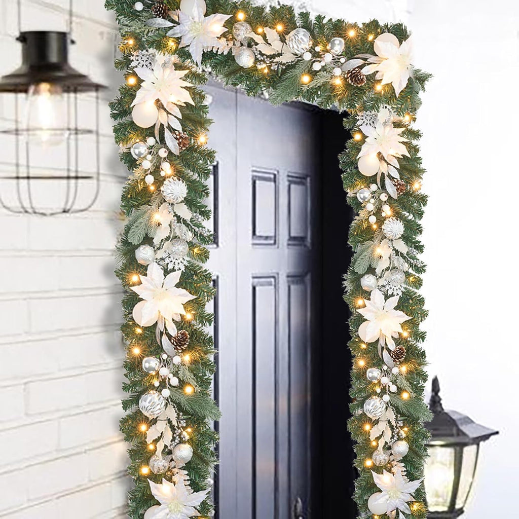 lighted christmas garland for mantle,fireplace,stairs, garland for front, front angle view