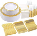 WELLIFE 210Pcs Gold Plastic Dinnerware - Disposable Silverware and Cups, Include:30 Dinner Plates, 30 Dessert Plates, 30 Paper Napkins, 30 Cups, 30 Gold Plastic Cutlery Set for Party, Wedding