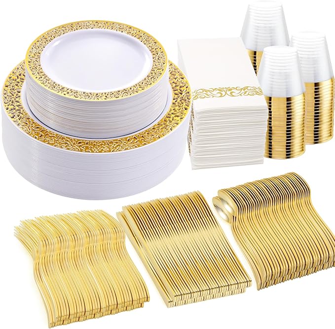 WELLIFE 210Pcs Gold Plastic Dinnerware - Disposable Silverware and Cups, Include:30 Dinner Plates, 30 Dessert Plates, 30 Paper Napkins, 30 Cups, 30 Gold Plastic Cutlery Set for Party, Wedding
